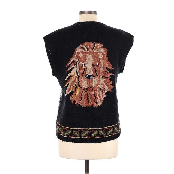 VTG Le Comte Hand Knit Zoo Safari Vet Elephant Lion Giraffe Black Sweater Vest L - Picture 2 of 3